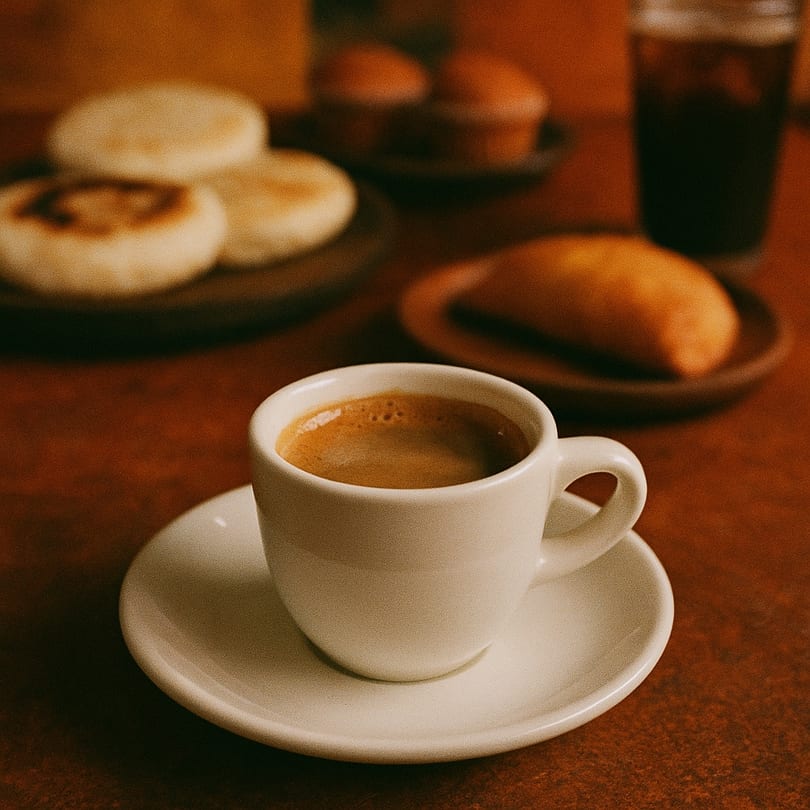 Venezuelan breakfast with a cup of coffee, arepas, and an empanada on a wooden table.