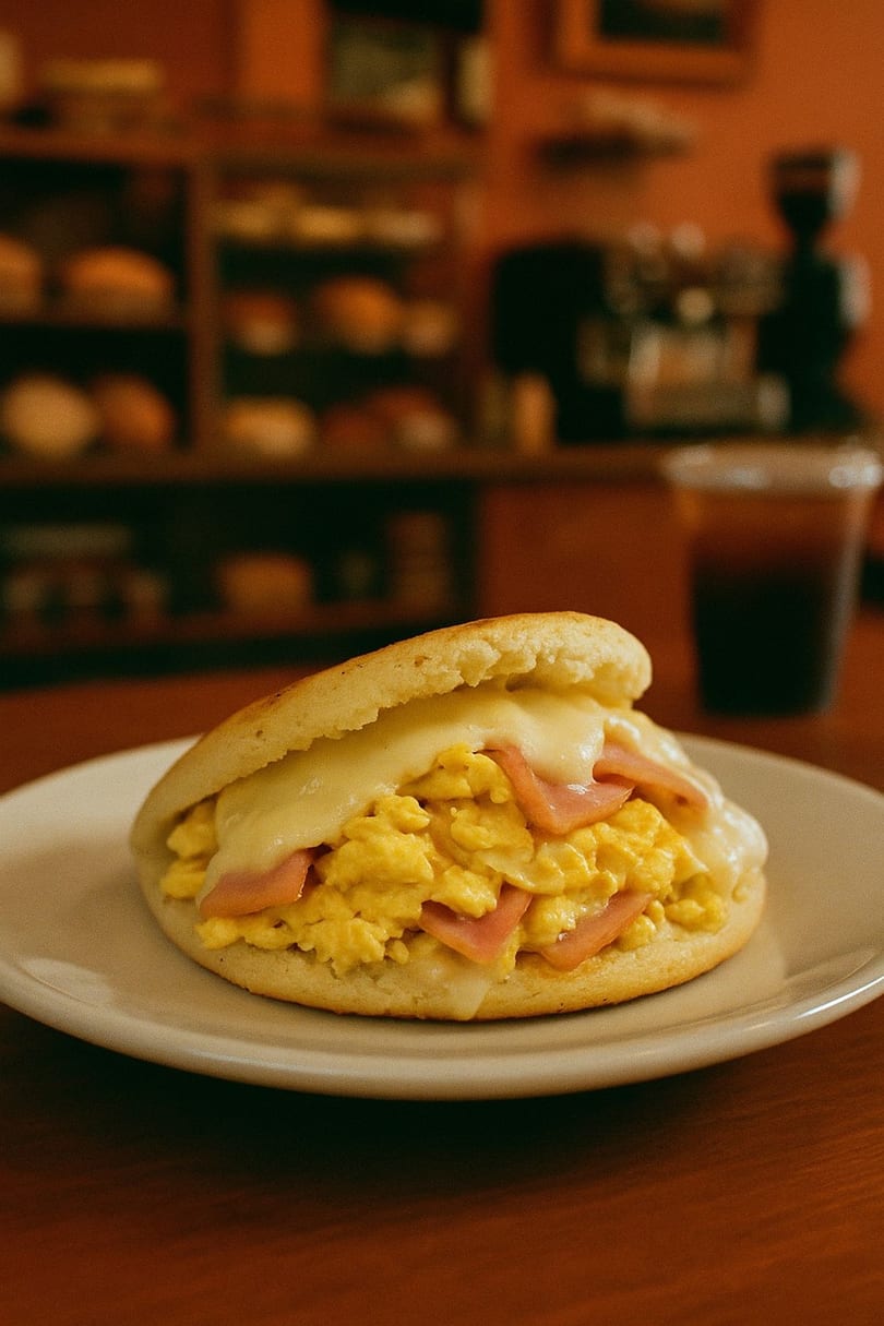 Venezuelan arepa filled with scrambled eggs, ham, and melted cheese on a white plate.
