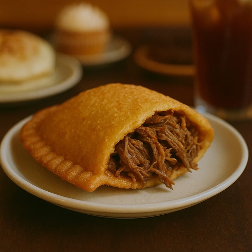A golden-fried Venezuelan empanada, split open to reveal savory shredded beef filling, on a white plate.