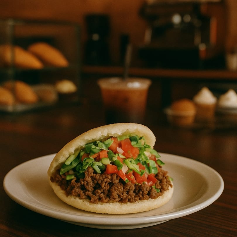 Venezuelan arepa filled with seasoned ground beef, diced tomatoes, and green vegetables on a white plate.