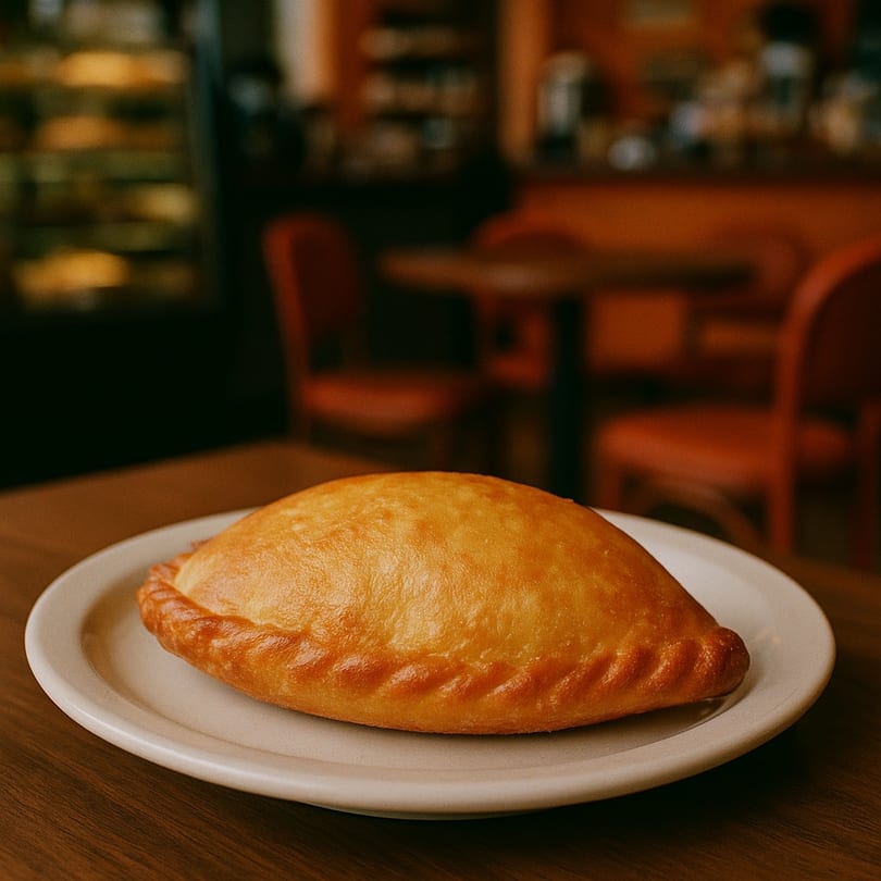 Golden-brown Venezuelan empanada on a white plate, with a blurred restaurant interior in the background.